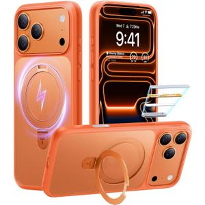 TORRAS for iPhone 17 Pro Case with Stand, Fit for MagSafe, 4X Military Drop Protection, Camera Control Button, Slim Soft Edge Phone Case for iPhone 17 Pro, Translucent Matte Cover 6.3", Bright Orange