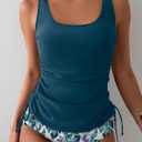 B2prity Women's Tankini Swimsuit Tummy Control Wide Strap Side Cinch Drawstring Two Piece Bathing Suit (Blue, S)