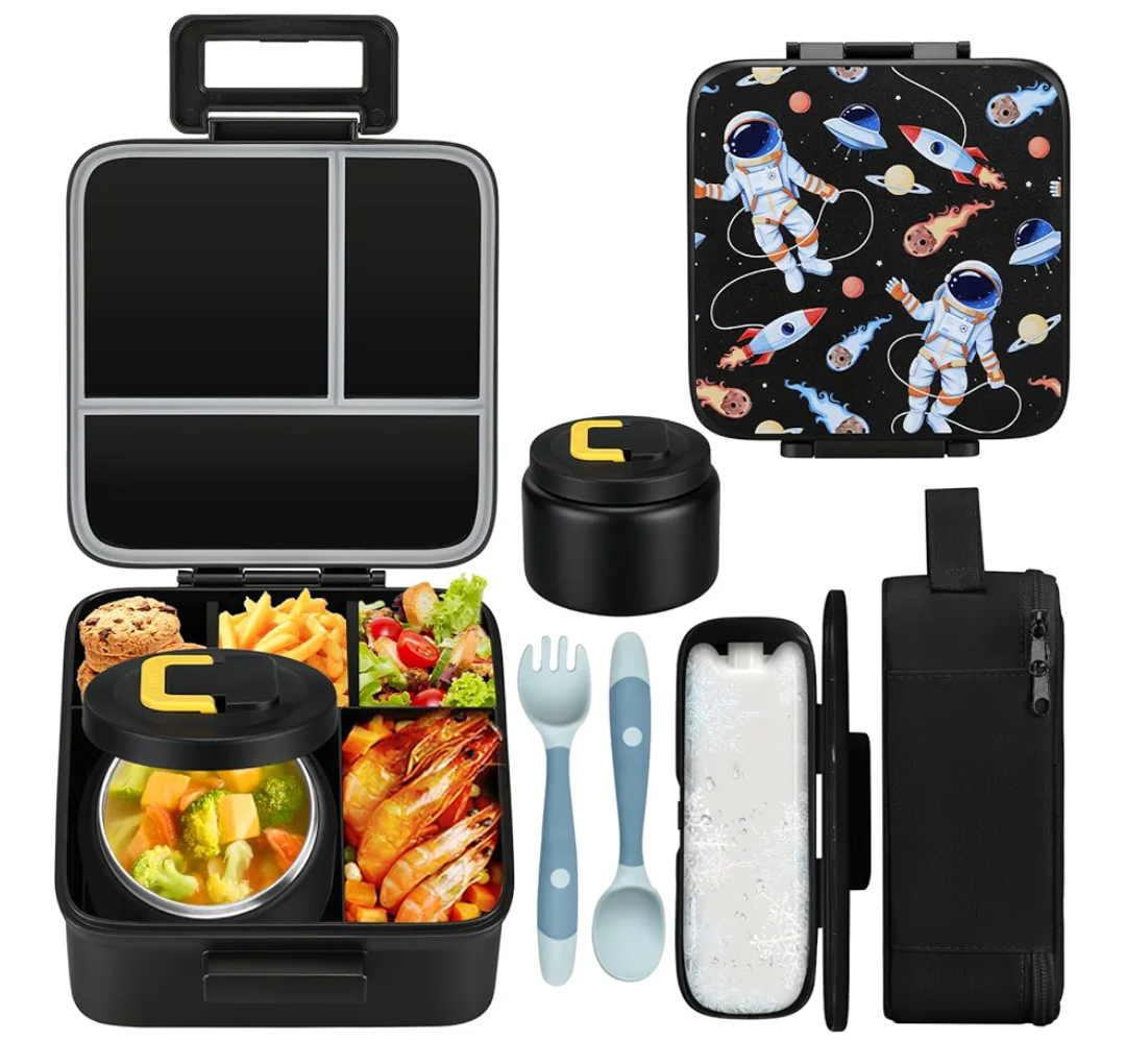 MAISON HUIS Bento Lunch Box with 8oz Soup Thermo, 5-Compartment Leak-Proof Container, Thermo Hot Food Jar and Insulated Lunch Bag, BPA Free,Travel, School