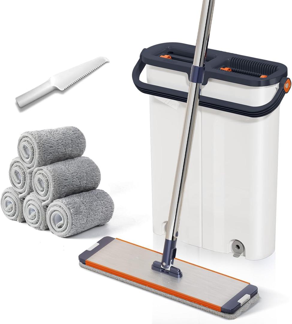 Mop and Bucket Set with Wringer for Home, 360 Flat Squeeze Mop with Long Handle and 6 Microfiber Cloths for Floor Cleaning (White+Blue, Slim Bucket and 15.7'' Aluminum Alloy Mop Head)