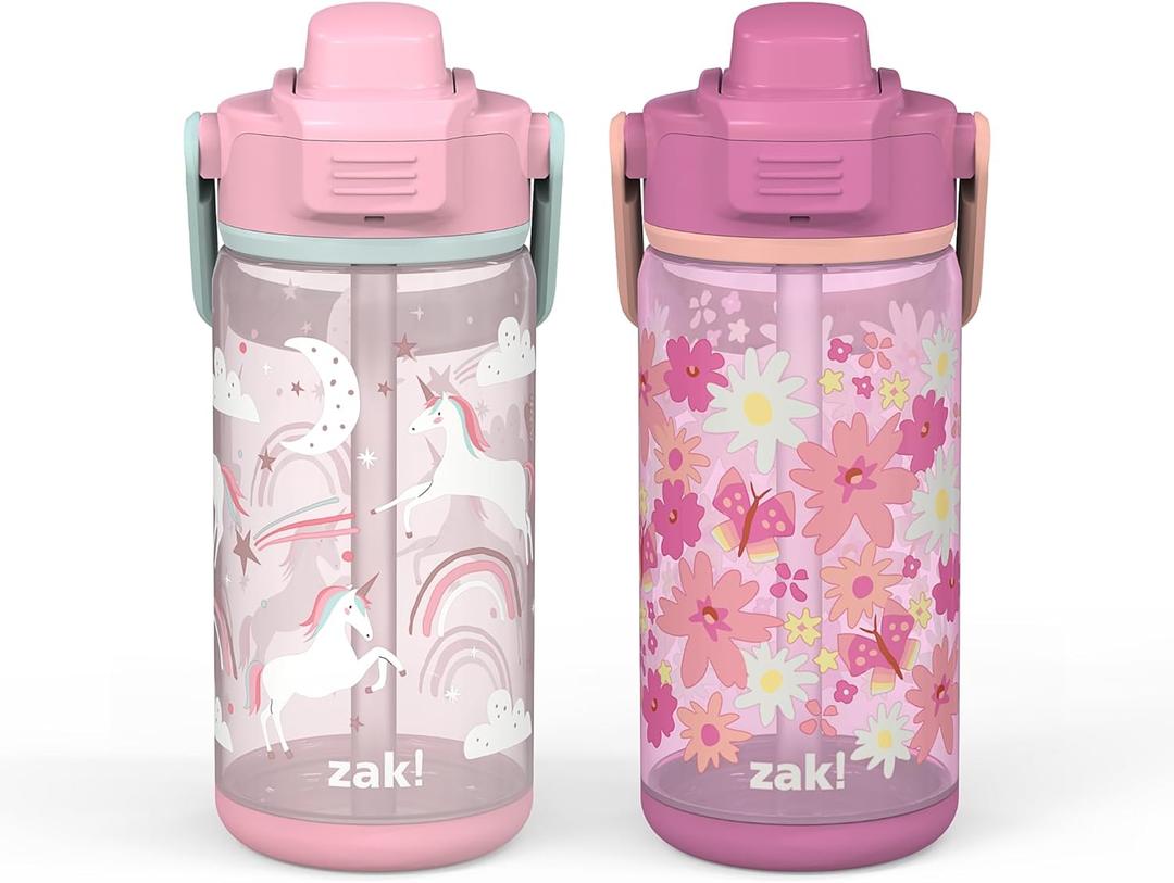 Zak Designs Unicorn Kid Water Bottle 2-Pack Set for Travel or At Home, 16oz Plastic is Durable and Leak-Proof with Silicone Spout, Cover, Carry Handle, Protective Base (Fanciful Unicorn, Flower Power)