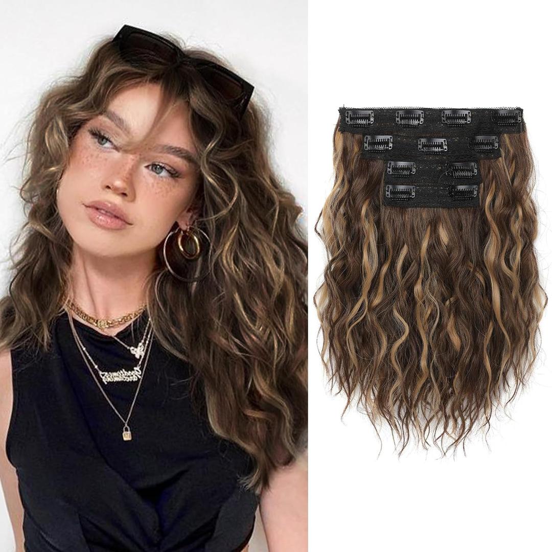 REECHO Clip in Hair Extensions - 12" Short Curly Wavy Hairpieces with Golden Highlights