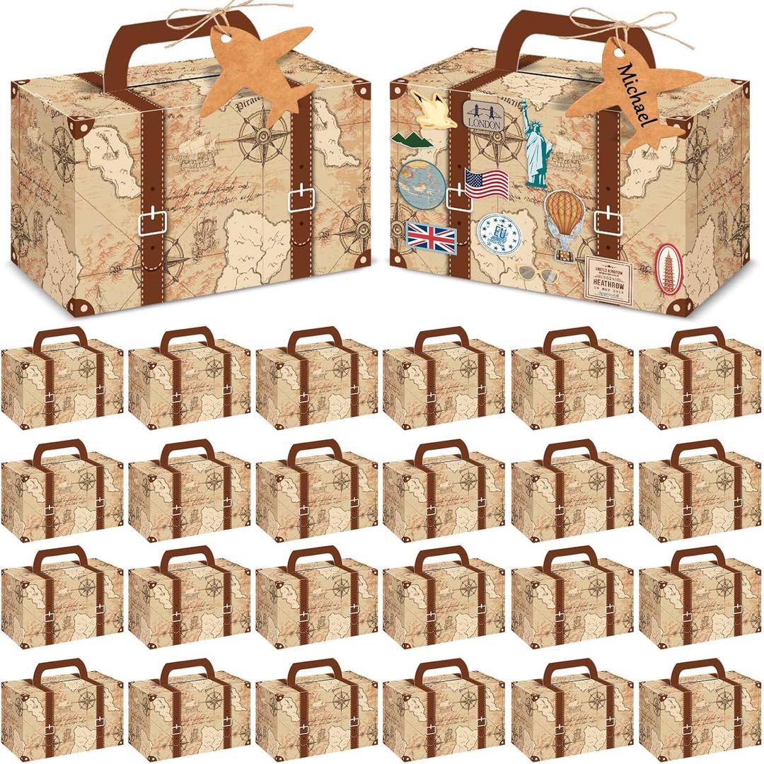 12Pcs Large Suitcase Party Favor Boxes Travel The Map Paper Treat Box with Tags Birthday Supplies Travel Theme Candy Goodie Gift Boxes for Birthday Baby Shower Wedding Vintage Party Table Decoration