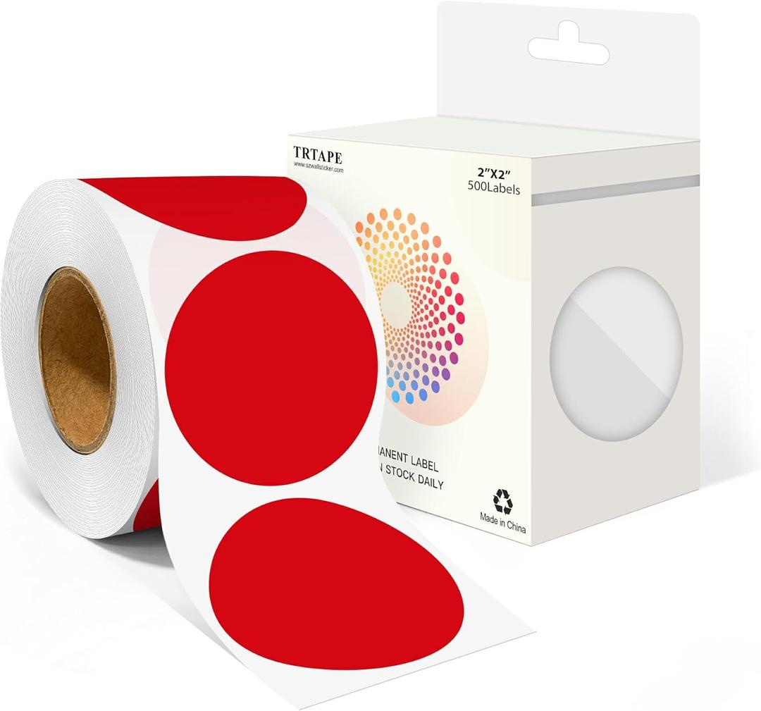 2 Inch Round Color Coding Labels (500 Count) - Red Dot Stickers Circle Labels with Dispenser Box for Warehouse, Filing, Industrial, Office Organization (1 Roll-500PCS)