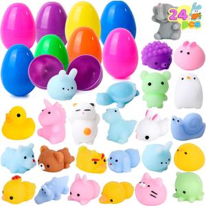 JOYIN 24 Pcs Easter Prefilled Eggs with Mochi Squishy Toys, Kawaii Stress Reliever Squishy Toy for Easter Theme Egg Hunt, Kids Party Favor, Basket Stuffers Filler, Classroom Prize Supplies