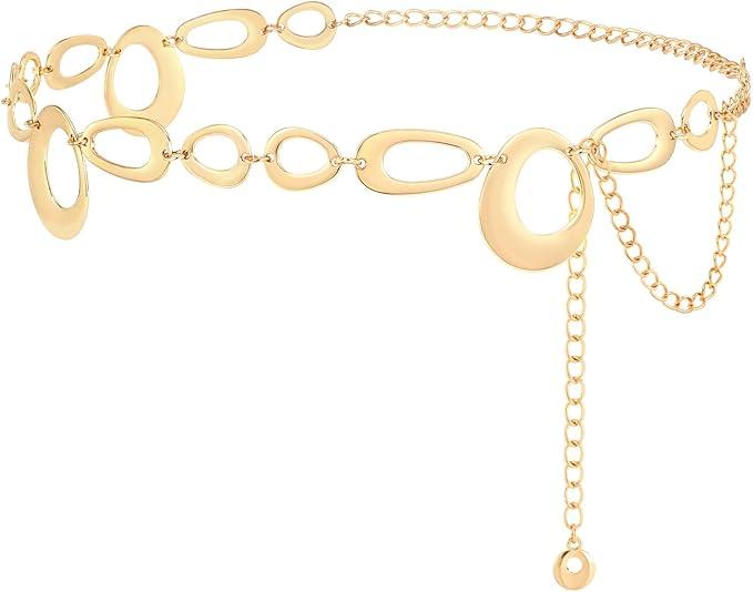SANSTHS Chain Belts for Women FashionGold/Silver Chains Belt for Dresses Clunky Link Ladies Belt, Gold, Large