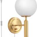 Gold Plug in Wall Sconce with Glass Globe Shade, Dimmable Bedside Wall Lamp with Plug in Cord, Luxury Corded Single Sconce with Dimmer Switch Wall Light for Bedroom Living Room (1 Pack)