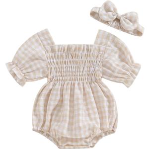 ZAXARRA Infant Baby Girl Plaid Romper Baby Pleated Romper Ruffle Festival Bodysuit Spring Summer Clothes with Headband (12-18 Months, Khaki)