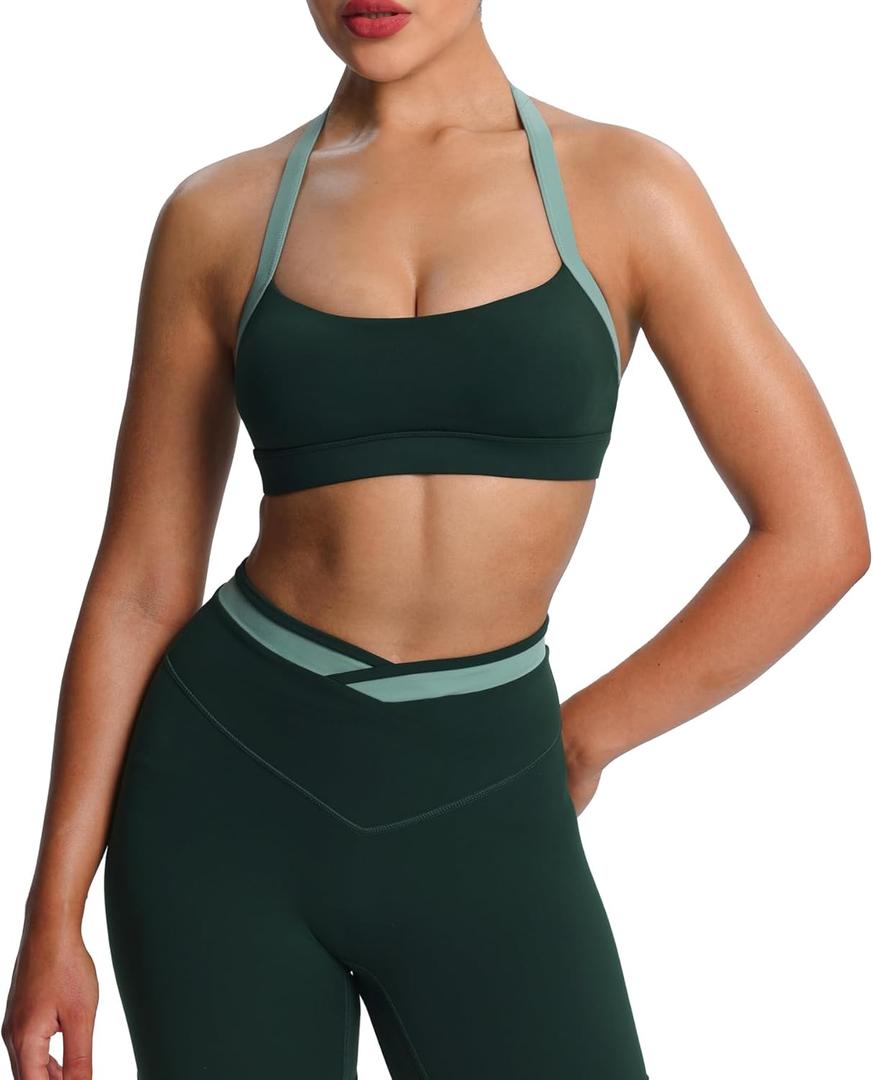 Aoxjox Women's Color Block Halter Workout Sports Bras Fitness Athletic Vanessa Bra Yoga Crop Tank (Forest Green/ Sage Green, Small)