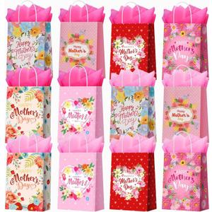 CMSSHUAI 12 Pcs Mother's Day Bags with Tissue Paper，Medium Small Mothers Day Bags with Handles Floral Mothers Paper Bags Treat Bags Candy Bags Bulk for Mom Grandma Wife Women