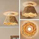 Handwoven Rattan Semi Flush Mount, Farmhouse Ceiling Light with White Metal Ceiling Mount, Natural Wicker Basket Ceiling Lamp for Bedroom, Kitchen, Boho Home Decor (12.2" D x 6.7" H), 18 Inch