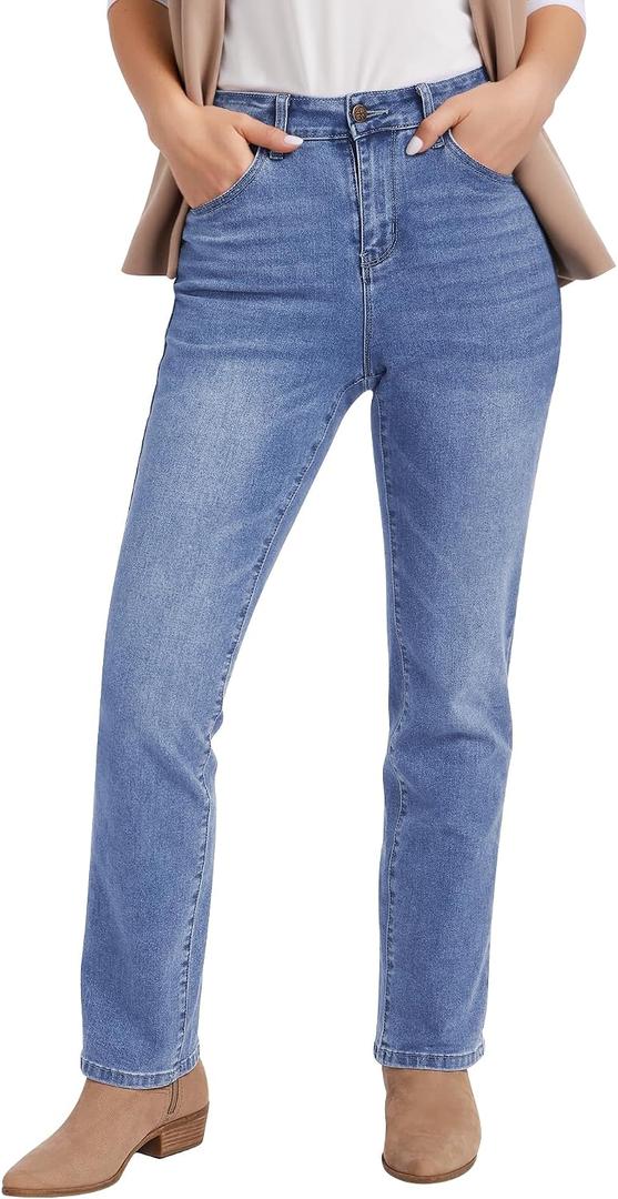 GRAPENT Straight Leg Jeans for Women Trendy High Waisted Classic Stretchy Denim Pants Casual Trouser Jeans with Pockets (M)