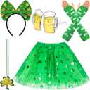 Kvitra St. Patrick's Day Costume Accessories Set for Women, Green Shamrock Tutu Skirt Headband Glitter Glasses Clover Necklaces Long Finger Gloves Blowouts, Saint Patricks Day Suit
