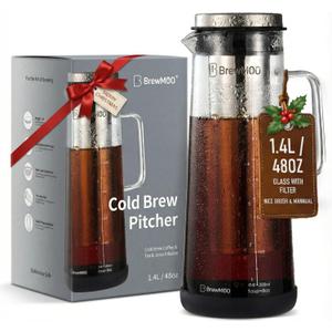 BrewMOO- Airtight Cold Brew Coffee Maker Pitcher, 1.4L/48Oz Thick Glass Carafe with Filter, Comfort Sturdy Handle & Wide Spout, Non-Slip Base | Iced Tea Maker (Black)