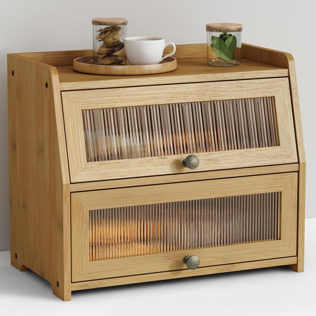 Large Bread Box for Kitchen Countertop, Double Layer Breadbox for Homemade Loaf Bread, Farmhouse Bread Storage Container Bin for Kitchen Counter Pantry Cupboard (Natural Bamboo)