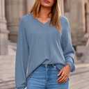 MASCOMODA Womens Tops Casual V Neck Waffle Knit Long Sleeve Shirts Trendy Loose Tunic Pullover Work Blouses Fall Outfits (Blue, L)
