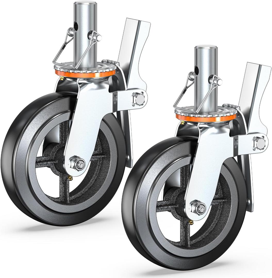 HOLKIE Scaffolding Caster Wheels 8 inch Dual Locking Casters Set of 2, 1-3/8" Round Stem Swivel Castor, 1300 LBS Total Load Capacity, Industrial Heavy Duty Replacement Castors