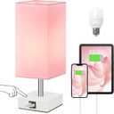 Table Lamp with 2 USB Charging Ports, 3 Way Touch Lamps Beside Desk, Nightstand Lamp for Bedrooms Living Room, Pink Shade with White Base, LED Bulb Included(Pink)