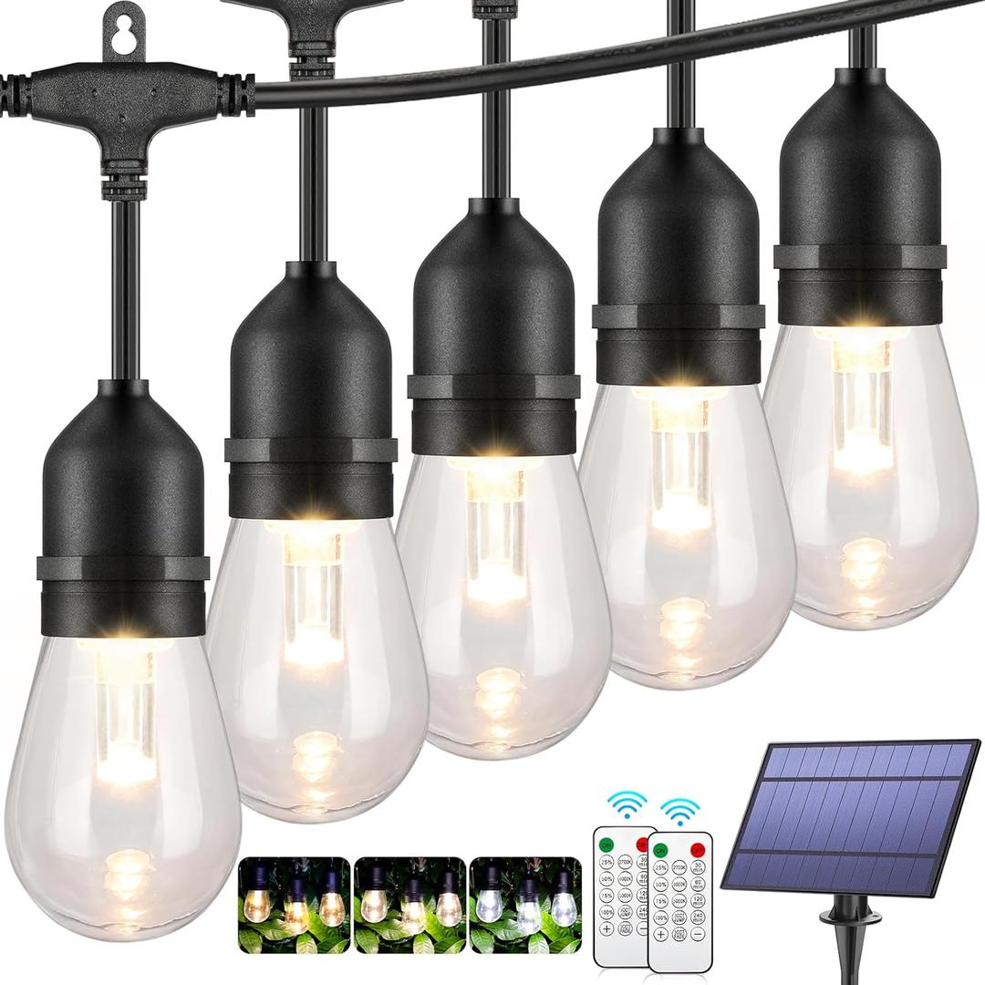 Mlambert 3-Color in 1 Solar String Lights Outdoor Waterproof Dimmable, 48ft Remote LED Patio Lights,15 Hanging Sockets Shatterproof Light for Backyard (Black)