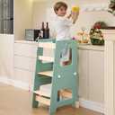 WOOD CITY Kitchen Step Stool - Safe Montessori Standing Tower for Kids with Safety Rail, Height Adjustable Toddler Ideal Helper for Learning New Skills, Anti-Slip Protection for Bathroom - Green