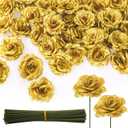 Youeon 100 Pcs Gold Artificial Rose Heads with Stems, 3.5 Inch Silk Rose Faux Flower Heads Bulk for DIY Wedding Bouquets, Party Table Centerpieces, Home Decor, Craft Floral Arrangements