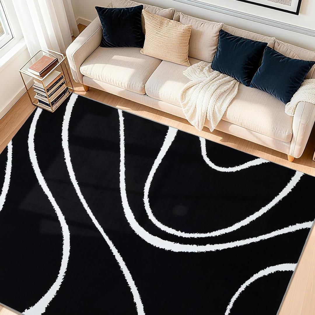 YIHOUSE Abstract Washable Rug 5x7,Ultra Thin Non Slip Black Rugs for Living Room,Modern Minimalist White Stripe Rugs for Bedroom,Dining Room Office Playroom (5'x7',Black-2)
