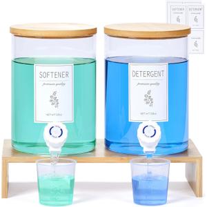 Glass Laundry Detergent Dispenser with Shelf & Bamboo Lid - 120 Oz Liquid Detergent, Laundry Soap & Fabric Softener Dispenser for Laundry Room Organization and Storage with 2 Cups & 8 Labels