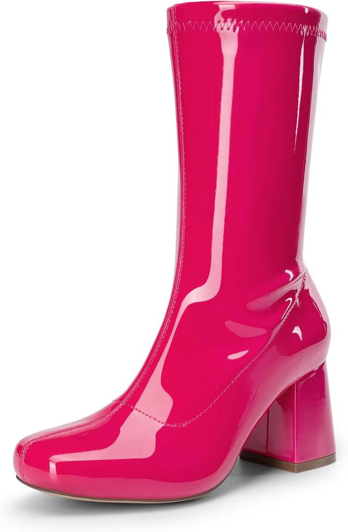 DREAM PAIRS Women's Mid Calf Gogo Boots Low Block Heel Square Toe Ankle Boot with Zipper for Party Cosplay Dance (8.5, Hot Pink)