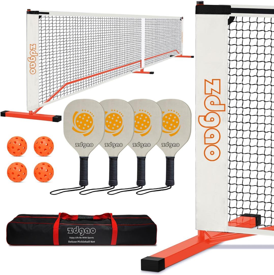 Pickleball Net Set for Driveway, 22FT Regulation Size Pickleball Net with Paddles Set of 4, Outdoor Pickleballs and Carry Bag for Driveway, Weather Resistance Strong Steel Frame (Orange)