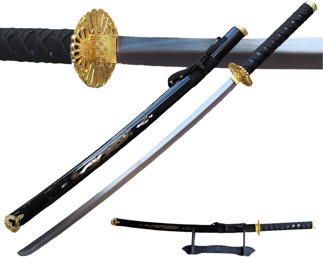 Katana Last Samurai Sword - Real Stainless Steel, Full Tang, Hand Forged, Not Carbon Steel, Free Stand Hand Forged Made (Black)