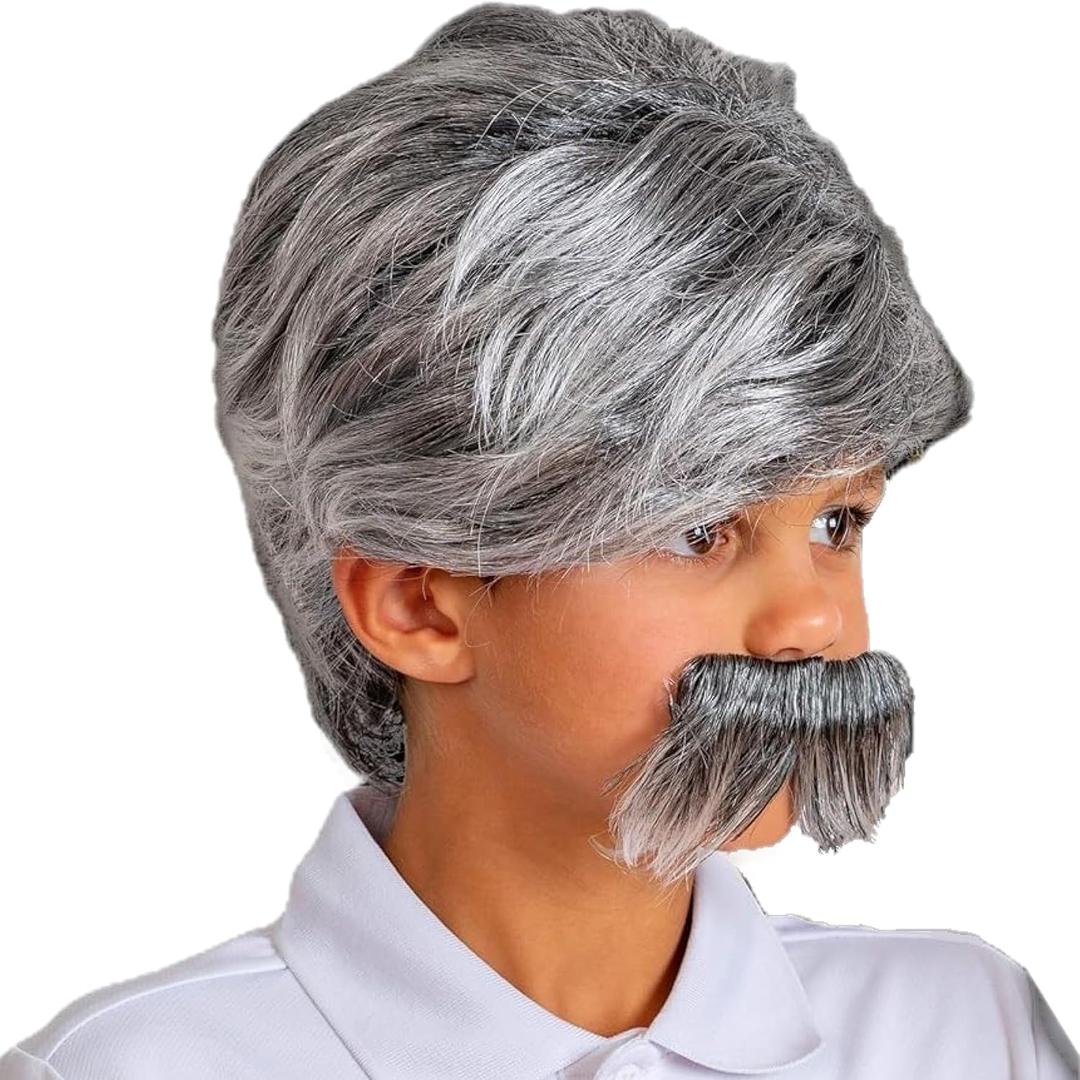 Skeleteen Grey Wig and Mustache - Salt and Pepper Hair Old Person Grandpa Wigs and Mustache Old Man Costume Accessories Set for Boys and Girls