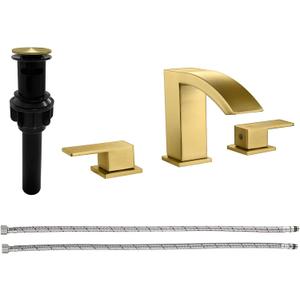 Brushed Gold Bathroom Sink Faucets 3 Hole Widespread Waterfall Basin Faucet with Pop-Up Drain Bathroom Vanity Faucets Lavatory Faucet