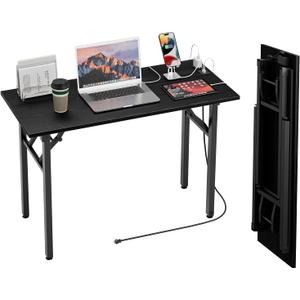 TEMI Small Computer Desk Folding Table - No Assembly, Compact 44.3" Foldable Desk with Power Outlets & USB Charging Port, Portable Small Office Desk, Ideal Mini Study Table, Dark Oak