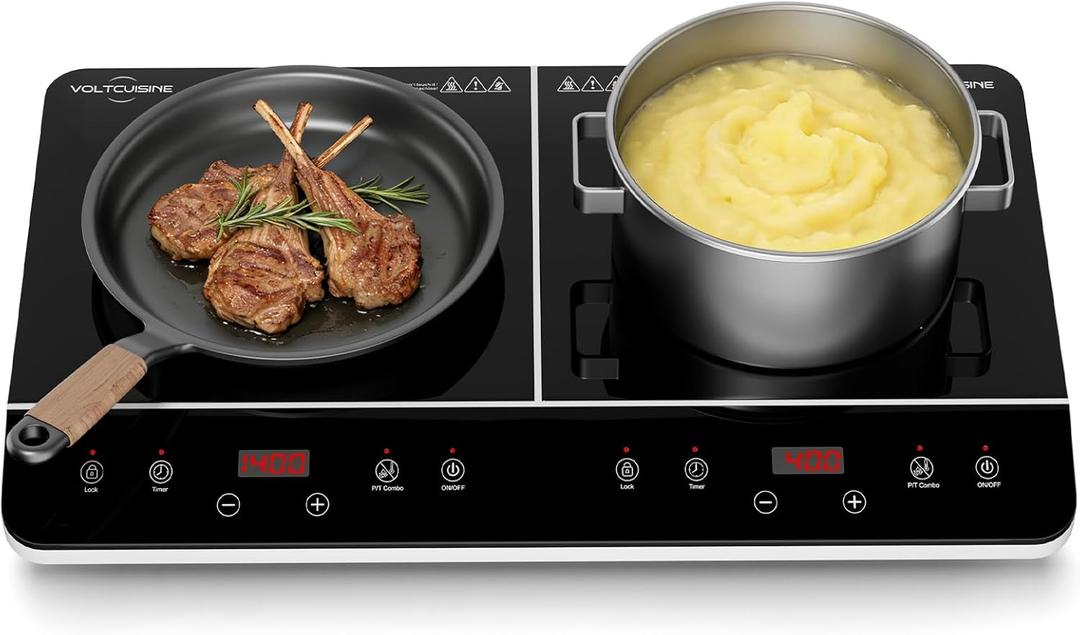 Double Induction Cooktop 1800W, Portable 2 Burner Electric Cooktop with Split Touch Control, 10 Power Levels, 4-Hour Timer, Child Lock, Low Power Continuous Heating, 110-120V