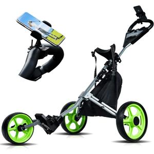 Lakehood Golf Push Cart, Golf Pull Cart for Golf Clubs and Golf Bag, Golf Push Carts Three Wheel Easy to Folding Scorecard Holder with Mobile Phone Holder Storage Bag Golf Carts (Green)