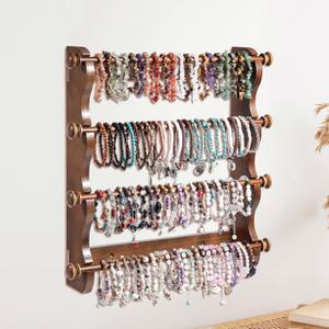 4 Tier Wooden Bracelet Holder Wall-Mounted, Bangle Watch Necklace Display Storage Antique Bracelet Display Jewelry Holder Display Organizer, Brown 4 Tier Wooden Bracelet Holder