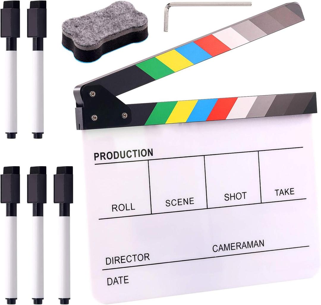 Swpeet 8Pcs 10"x12" Acrylic Film Movie Clapboard Kit, Magnetic Blackboard Eraser, M3 Hex Wrench and 5Pcs Custom Pens Dry Erase Director Clapper Coating Board Slate for Film Fans