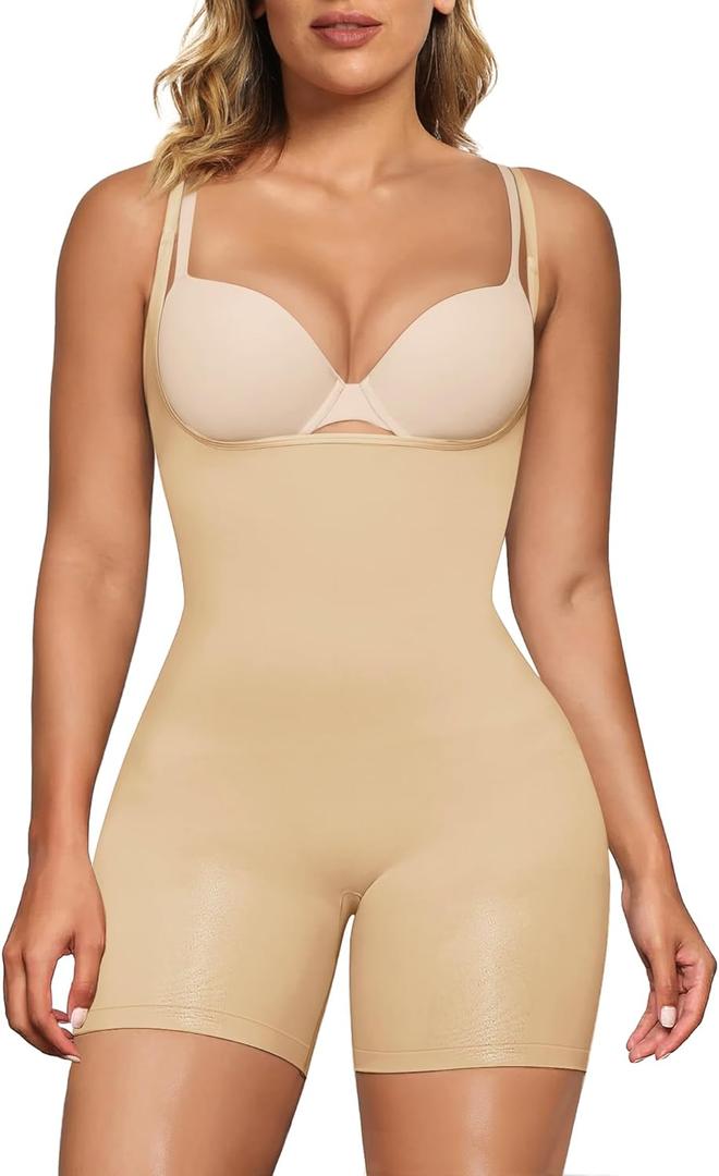 SHAPERX Women's Sculpting Bodysuit Tummy Control Shapewear Open Bust Thigh Slimmer Seamless Body Shaper, SZ5258-Beige-L/ XL