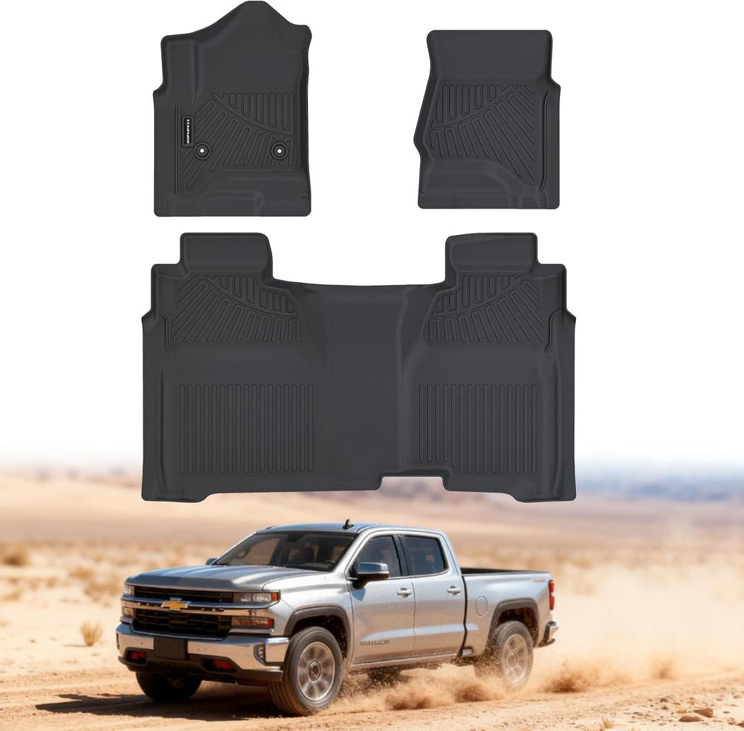 Floor Mats for 2014-2018 Chevy Silverado/GMC Sierra 1500 Crew Cab & 2015-2019 Silverado/Sierra 2500 HD/3500 HD Crew Cab,All Weather TPE Floor Liners Custom Fit for Chevy Silverado Full Set Car Mats