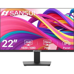 SANSUI Monitor 22 inch 1080p FHD 75Hz Computer Monitor with HDMI VGA, Ultra-Slim Bezel Ergonomic Tilt Eye Care LED Display for Home Office (ES-22F1 HDMI Cable Included)