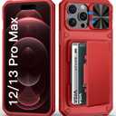 for iPhone 12 Pro Max & 13 Pro Max Case Wallet with Card Holder (4-5 Cards), Military Drop Protection, Slide Camera Cover, Shockproof Heavy Duty Men Women Phone Case for iPhone 12 Pro Max, Red