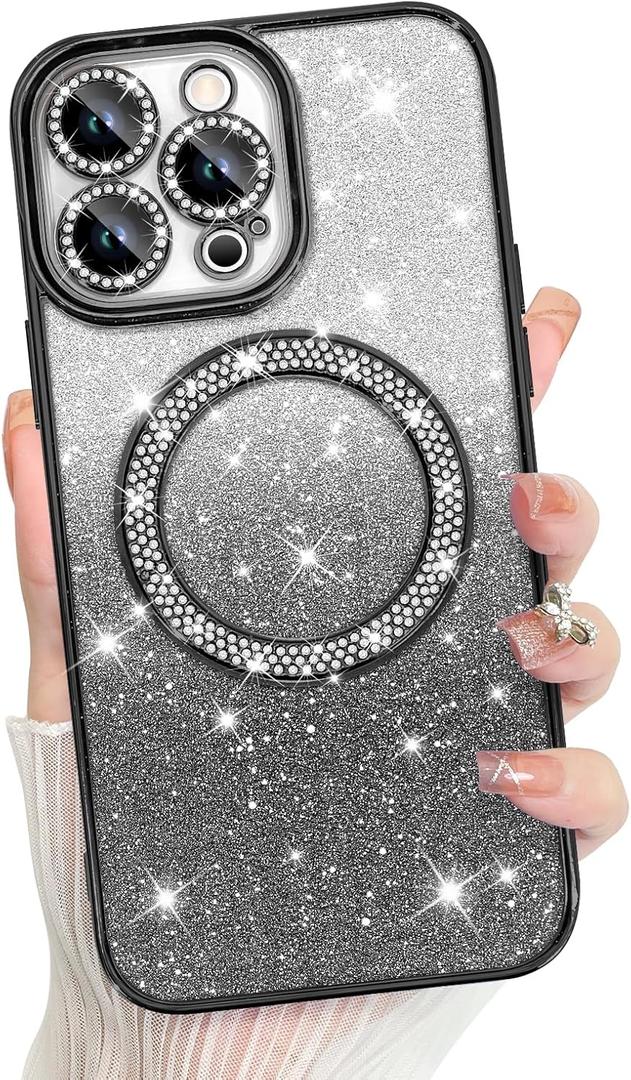 Bonoma Compatible with iPhone 14 Pro Max Case Support for MagSafe, Plating Diamond Glitter Magnetic 2* Screen Protector Camera Protection Back Cover for Girls Women - Black