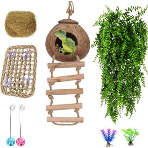 HERCOCCI Crested Gecko Tank Accessories, Reptile Vines and Plants Coconut Shell Hut Hammock for Leopard Gecko Hermit Crab Lizard Play Rest
