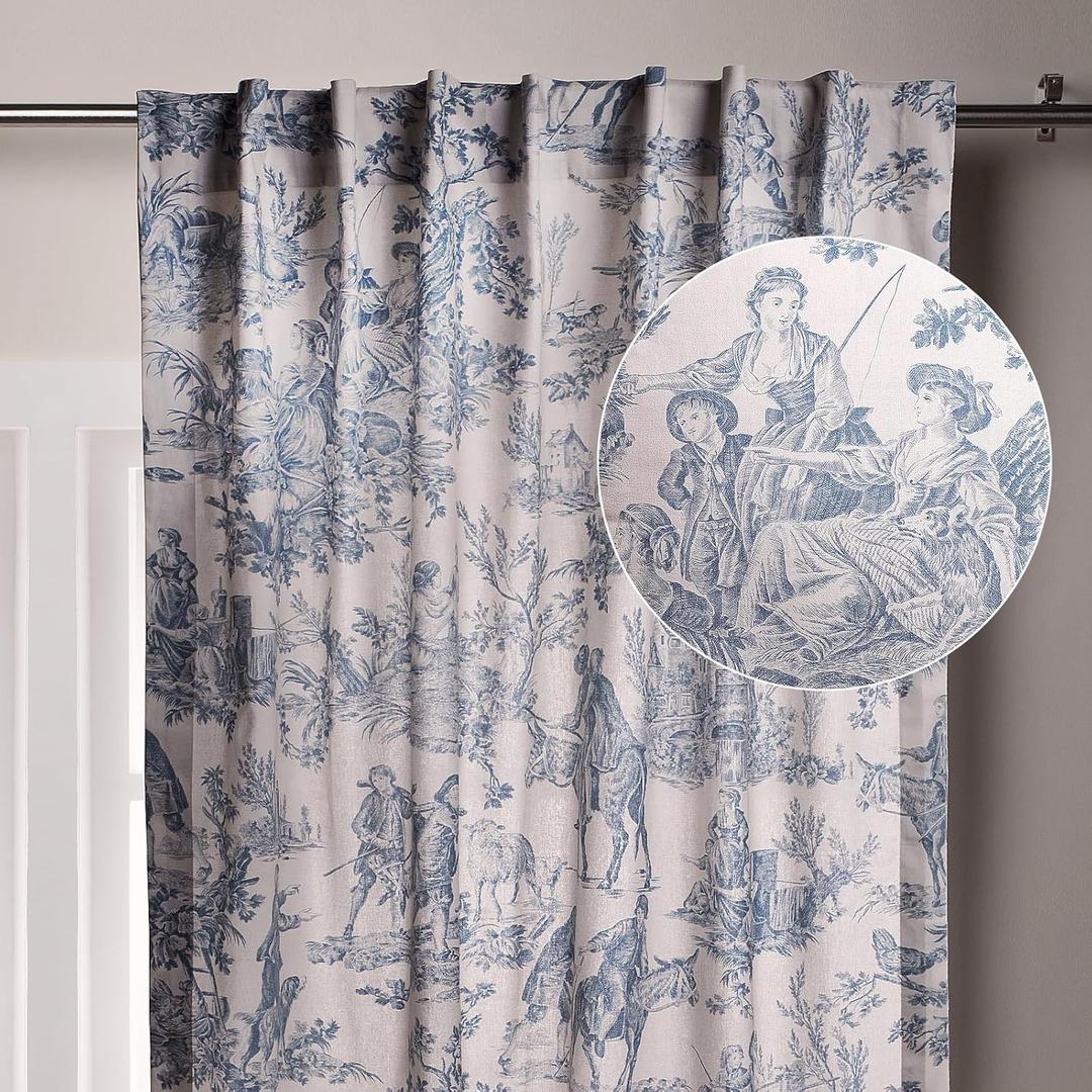 Maison d' Hermine Curtains for Living Room 100% Cotton 96 inch Length One Panel Light Filtering Toile Curtains for Bedroom Windows with Rod and Loop Pockets Drapes (The Miller Denim, 50" W x 96" L)