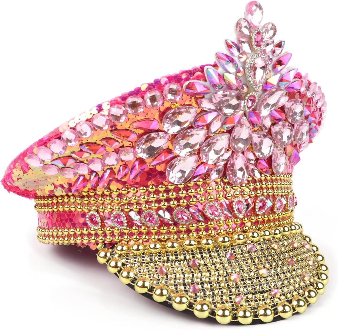 Needzo Studded Rhinestone Captain's Hat, Accessories for Music Festivals, Pride, and Bachelorette Parties, One Size Fits Most