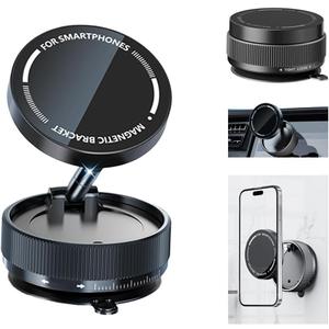 Vacuum Suction Magnetic Car Phone Holder Mount Fit All Phones,Adjustable Phone Holders for Your Car,Mechanical Knob No Need Charging,Metal Ring Stick Outside if Case Non-Magnetic (Black)