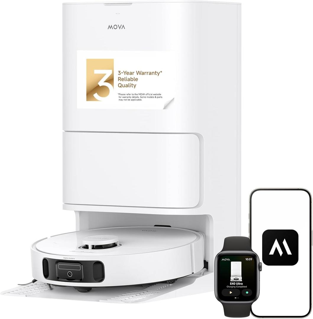 Mova E40 Ultra Robot Vacuum and Mop, 19,000Pa Suction, Extenable & Liftable Mop, All-in-One Station, Auto-Empty, Auto Washing & Hot Air Drying, 360Obstacle Avoidance, App & Voice Control