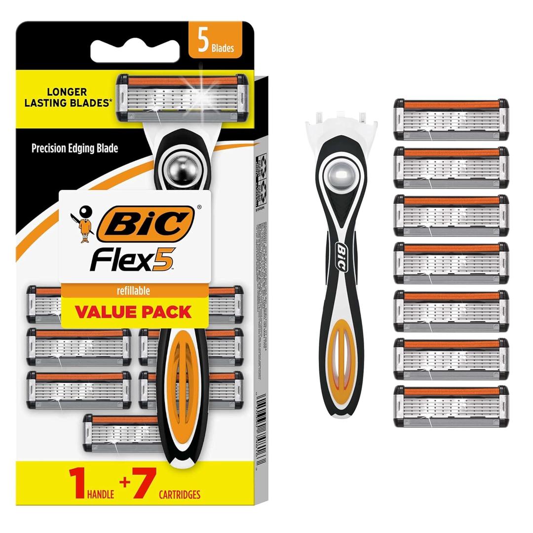 BIC Flex 5 Refillable Razors for Men, Long-Lasting 5 Blade Razors for a Smooth and Comfortable Shave, 1 Handle and 7 Cartridges, 8 Piece Shaving Kit