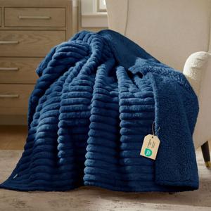 Bedsure ComfyFleece Waterproof Dog Blankets for Large Dogs - Soft Pet Cat Blanket Corduroy Fleece for Couch Bed Protector Washable, Cozy Calming Reversible Furniture Protection,50"x60", Navy Blue