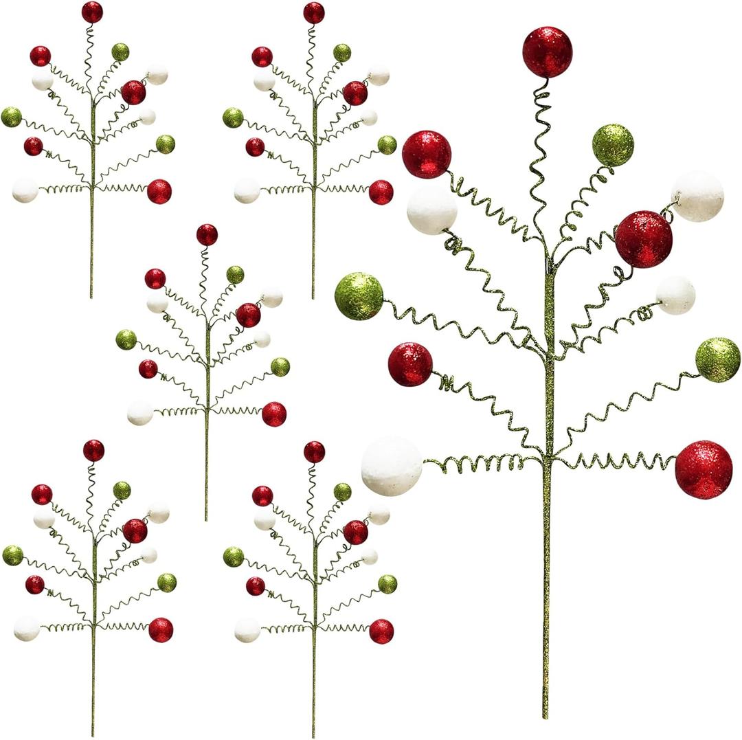 6 Pieces Christmas Tree Picks Sprays Christmas Tree Topper Decoration Glitter Ball Toppers for Christmas Tree Wreath Decoration Party Home Supply (Style C)